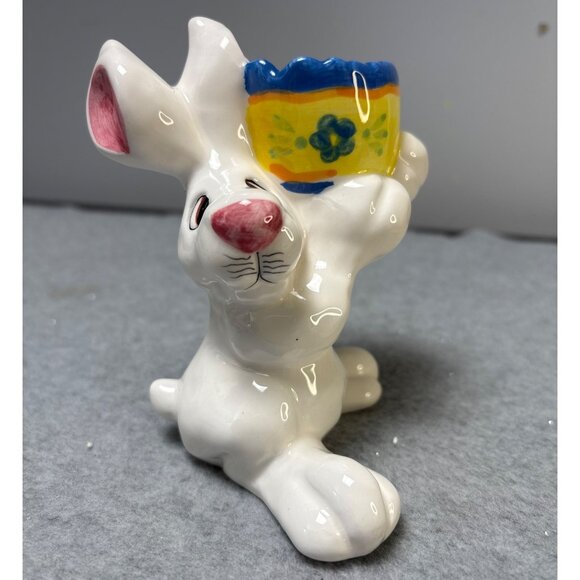 Ceramic Bunny Holding Colorful Egg Planter Figurine  6" tall - Picture 1 of 10